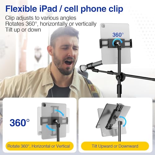 Mic Stand, Microphone Stand Floor with Phone/Tablet Holder, Height Adjustable Boom Mic Stand Tripod With Carrying Bag for Singing Karaoke Stage