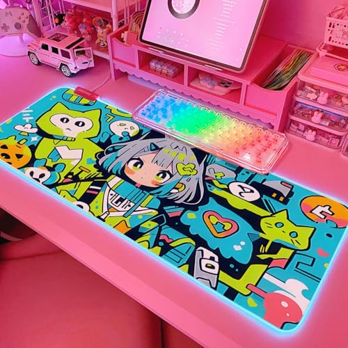 JMIYAV Pink RGB Gaming Mouse Pad 31.5x12 Inch PC XL Large Extended Glowing Led Light Up Desk Pad Non-Slip Rubber Base Computer Cute Mousepad Mat Desk Accessories Gaming Setup 377 - color: Neon Neko
