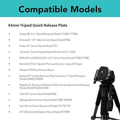 Foto&Tech 2 Pcs 43mm Tripod Quick Release Plate, Camera Mounting Adapter, Replacement Parts for Tripod, for KingJoy, UBeesize 60” TR60, Torjim 60-Inch AX60, Victiv, Endurax 66" ETR66, Zomei Q111 - size: 43mm