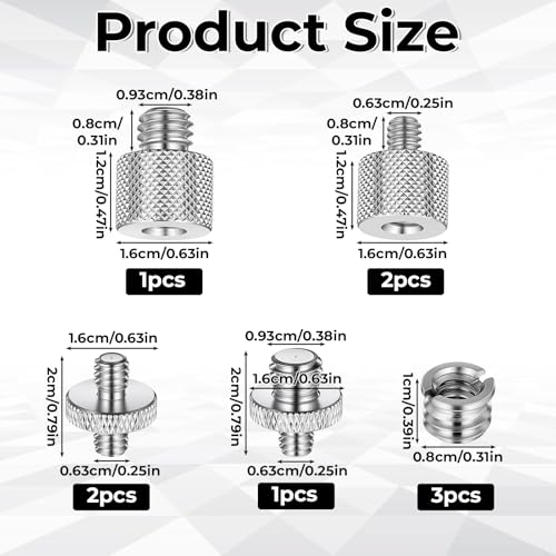 Skrfren Tripod Adapter Set, 1/4 to 3/8 & 3/8 to 1/4 Camera Screw Adapter, Aluminum Alloy Thread Converter Male Female, Mounting Screws Kit for Tripod Monopod Light Stand Microphone (Silver)