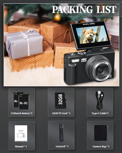 4K Digital Camera for Beginners & Teens, Autofocus Vlogging Camera with 180° Flip Screen, 18X Zoom, Easy-to-Use Compact Travel Camera, WiFi, 2 Batteries, 32GB Card - color: Black