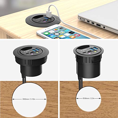 ineo Grommet Desk-Fit (Diameter 2.3" to 2.4") 2Type A + 2Type C with 3.5mm Audio Mic Jack + 3.2" Expandable case (Power is not Included)[THC06 - VI Plus]