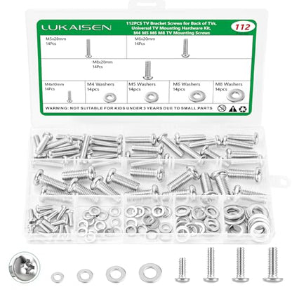 112Pcs TV Mounting Screws, M4 M5 M6 M8 Bolts & Washers Kit,304 SS | Socket Head Bolts Assortment with Flat Washers for Mounting TV Mount, Monitor Arm,Wall Bracket, Rust Resistant, Storage Case