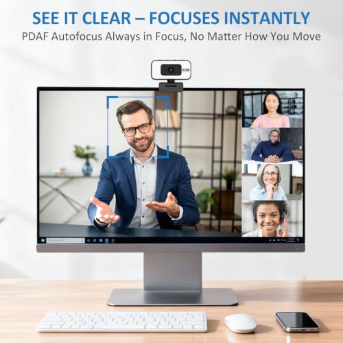 4K Webcam with AutoFocus, USB Plug and Play Webcam with Microphone for PC/Laptop, Privacy Cover, Brightness Adjust, Flip, Zoom for Video Meeting