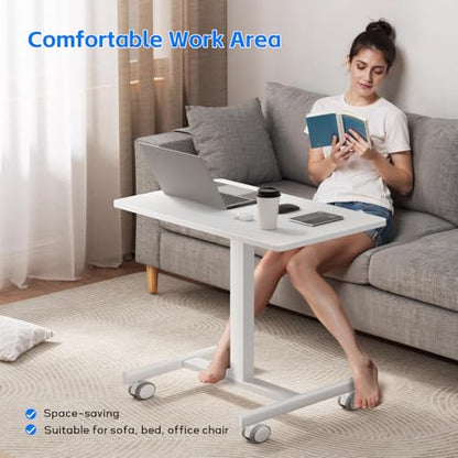 CROWNFURN Mobile Small Standing Rolling Desk Adjustable Height, Portable Laptop Desk on Wheels, Workstation for Home Office with Hook,White - color: White