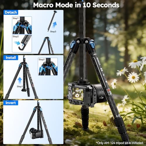 SIRUI AM-124 Carbon Fiber Tripod with Triangular Center Column, 62.6" Compact Travel Tripod for Camera, 4 Sections, Waterproof Twist Lock, Load 26.5lbs - size: 62.6 inches