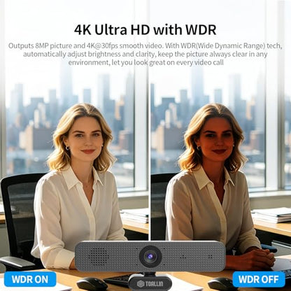 TOALLIN 3-in-1 4K Webcam with Mics and Speaker, AI Tracking & Framing, 5X Zoom, WDR/HDR, All-in-One Conference Camera for Meetings, Streaming, Video Calls