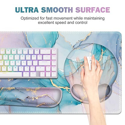 ToLuLu Desk Mat, XXL Large Mouse Pad Wrist Support Set，4 in1 Gaming Mousepad Desk Pad+ Ergonomic Mouse Pad with Wrist Rest + Keyboard Wrist Rest+Coaster for Home Office Computer, Blue Glitter Marble - color: Blue Glitter Marble