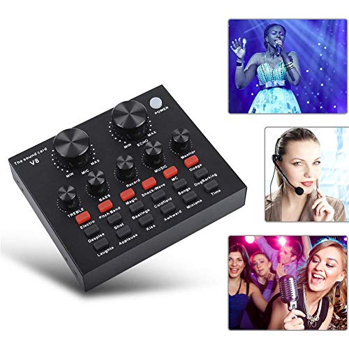V8 Live Sound Card, Audio Mixer USB External Sound Card Headset Microphone Sound Card Live Broadcast KTV Sound Card for Double Cell Phone for Live KTV Voice Chat(Black)