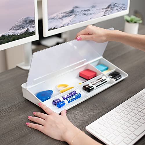 VIVO Glass 16 x 7 inch Dry Erase Board with Storage, Desktop Whiteboard Organizer with Hidden Compartments and Device Slot, DESK-WB16A - color: White