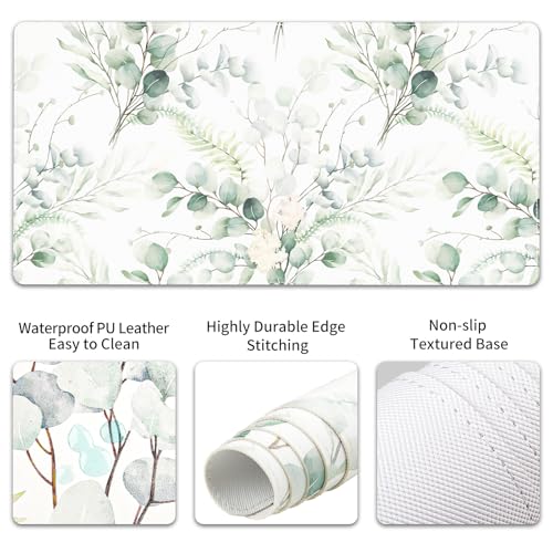 QIYI Leather Desk Mat Set, 4-in-1 Large Mouse Pad with Ergonomic Wrist Rest, Waterproof Desk Pad + Keyboard Wrist Rest +Mouse Wrist Support+Coaster, Non-Slip Office Gaming Accessories, Eucalyptus Leaf - color: Eucalyptus Leaf