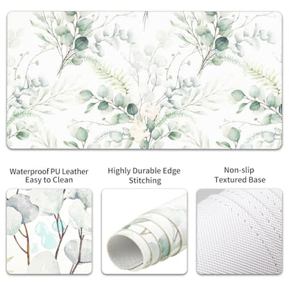 QIYI Leather Desk Mat Set, 4-in-1 Large Mouse Pad with Ergonomic Wrist Rest, Waterproof Desk Pad + Keyboard Wrist Rest +Mouse Wrist Support+Coaster, Non-Slip Office Gaming Accessories, Eucalyptus Leaf - color: Eucalyptus Leaf