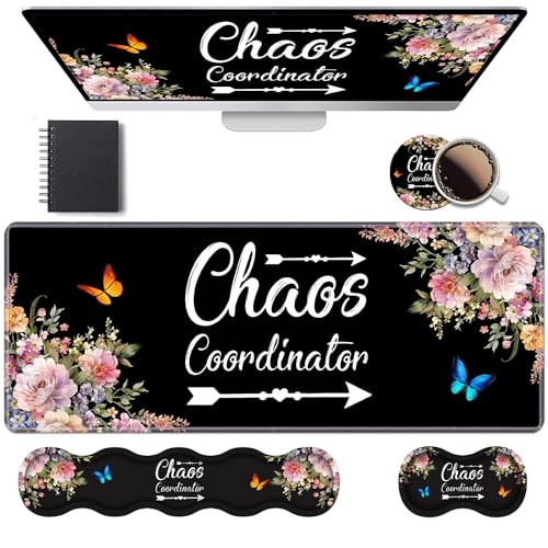Ergonomic Keyboard Wrist Rest & Mouse Pad Wrist Rest Set, 31.5"x 11.8" Large XXL Gaming Desk Pad Memory Foam Non-Slip Desk Mat for Office & Home, Vintage Watercolor Floral Quote Chaos Coordinator - color: Vintage Watercolor Floral Quote Chaos Coordinator