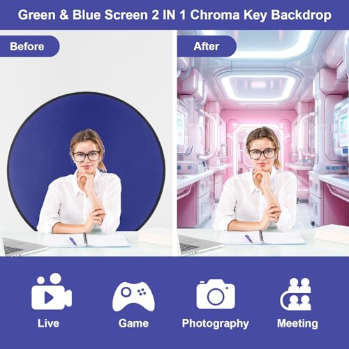 Cosmos 1 Pc Blue Screen Backdrop 43 in / 110 cm Diameter Foldable Portable Photography Background Green Screen Chroma Key Backdrop for Photography Photo Video Studio, Live Streaming, Video Meeting - color: Blue & Green (Double Sides)