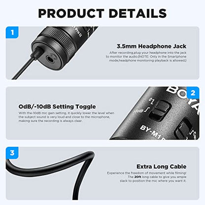 BOYA Lavalier Lapel Microphone - No Battery, by-M1 Pro ll Omnidirectional Condenser Mic for iPhone Camera Android PC Windows - for YouTube, Interview, Video Recording 19.6ft