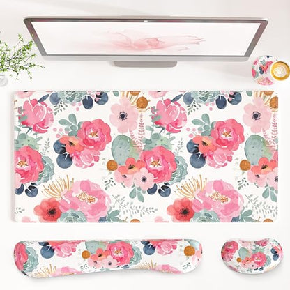 QIYI Leather Desk Mat Set, 4-in-1 Large Mouse Pad with Ergonomic Wrist Rest, Waterproof Desk Pad + Keyboard Wrist Rest + Mouse Wrist Support + Coaster, Non-Slip Office Gaming Accessories, Pink Flowers - color: Watercolor Pink Flowers