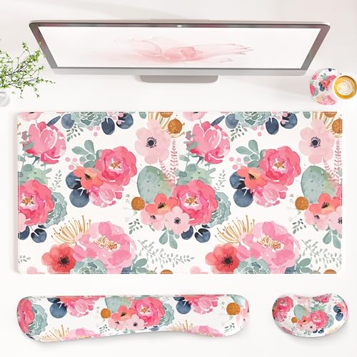 QIYI Leather Desk Mat Set, 4-in-1 Large Mouse Pad with Ergonomic Wrist Rest, Waterproof Desk Pad + Keyboard Wrist Rest + Mouse Wrist Support + Coaster, Non-Slip Office Gaming Accessories, Pink Flowers - color: Watercolor Pink Flowers