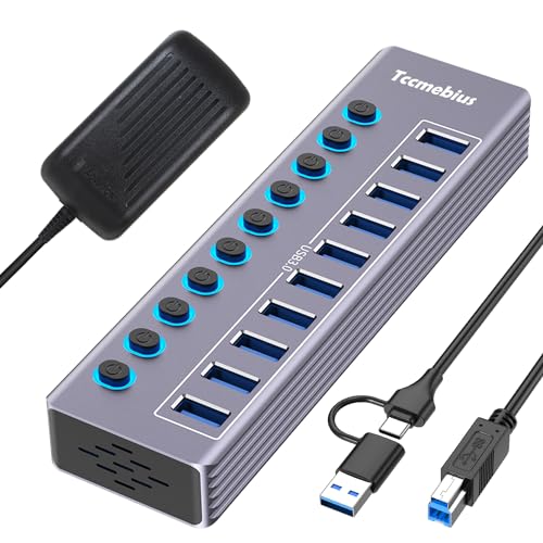 Powered 10-Port USB 3.0 Hub, USB C to 10 Ports USB Data Hub Splitter with Individual LED On/Off Switche, 3.3FT Cable, 12V/3A Power Adapter, for Laptop MacBook Pro/Air PC (Aluminum Gary)