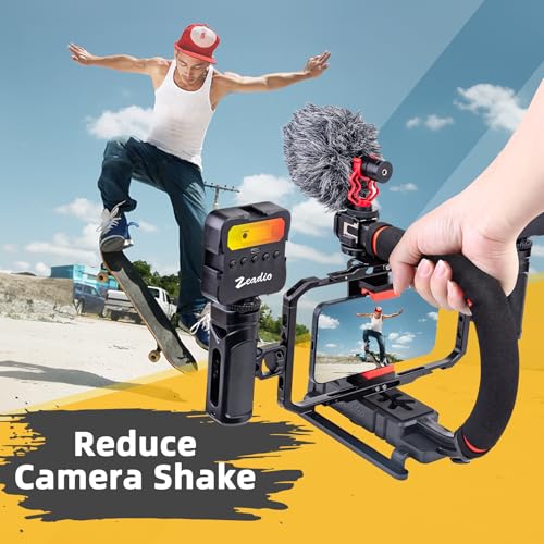 Zeadio Camera Handheld Stabilizer with Aluminum Smartphone Video Cage Rig, Triple Cold-Shoe Handle Grip, Compatible with All Camera Action Camera DSLR Smartphones - style: Standard