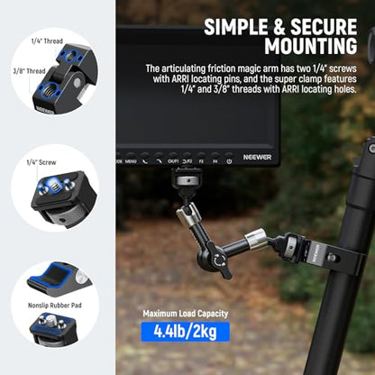 NEEWER 7" Articulating Magic Arm Clamp Mount with Super Clamp, Camera Monitor Mount with 1/4" 3/8" ARRI Locating Pins & Holes for DSLR Action Camera Video Light Compatible with SmallRig Cage, ST07C - style: ST07C w/Clamp