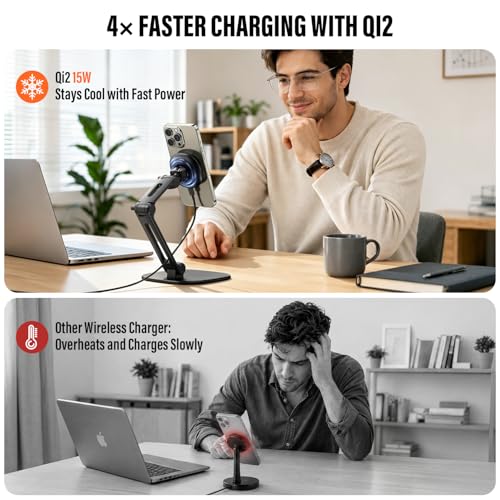 APPS2Car Qi2 15W Wireless Charger Stand for MagSafe, Height Adjustable Foldable iPhone Stand with Metal Base for iPhone 17/16/15/14/13/12 Series, No Adapter - color: Black - Wireless Charging Stand