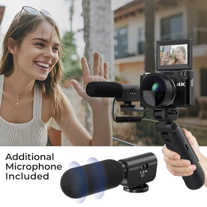 4K Vlogging Camera with Creator Kits 5K Digital Camera for Photography 64MP Video Camera with Flip Screen, Microphone, Powerbank Tripod, Wide-Angle & Macro Lens, Remote Control, Batteries