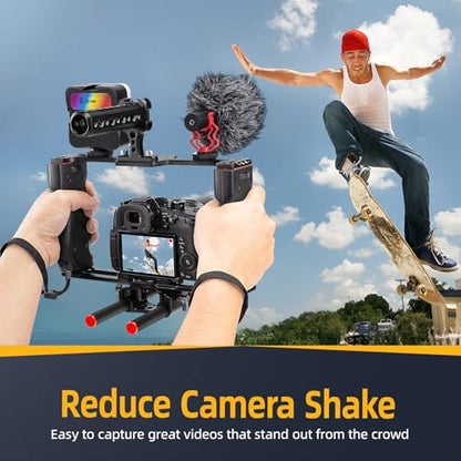 Zeadio All-in-One Video Rig Kit, Aluminum Handheld Camera Cage with RGB Video Light, Microphone, Top Handle,15mm Rod Guide, Extension Rods & Carrying Case for Filmmaking Vlogging Recording etc - style: Pro Kit