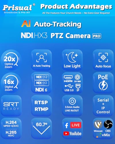 Prisual NDI PTZ Camera Gen 5 AI Auto Tracking, NDI 6 & NDI HX3 Certified | 20X Optical Zoom, 3G-SDI/HDMI/USB/LAN PoE for Church Worship Live Streaming Education Events - TEM-20N PRO - color: Titanium Gray