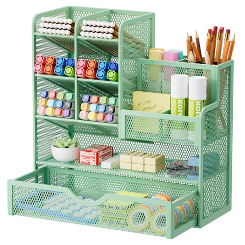 Marbrasse Mesh Pen Holder for Desk, Multi-Functional Pencil Organizer with Drawer, Desk Organizers and Accessories for Office Art Supplies (Green) - color: Green