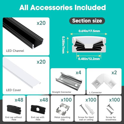 hunhun 20-Pack 6.6ft/2Meter U Shape Black LED Aluminum Channel System with Milky Cover, End Caps and Mounting Clips, Aluminum Channel Profile for LED Strip Light Diffuser Installations (20pack*6.6ft) - size: 20pack*6.6ft(Black)