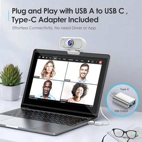 Webcam with Tripod Privacy Shutter: 1080P FHD Web Camera with Mic, Plug & Play USB A USB C Webcam with Stand, White Wide Angle Noise-Canceling Microphone Compact Web Cam for Online Meeting Classes - style: White USB-C Webcam Cover & Tripod