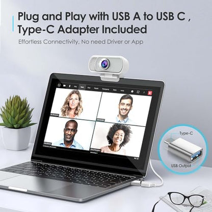 Webcam with Tripod Privacy Shutter: 1080P FHD Web Camera with Mic, Plug & Play USB A USB C Webcam with Stand, White Wide Angle Noise-Canceling Microphone Compact Web Cam for Online Meeting Classes - style: White USB-C Webcam Cover & Tripod