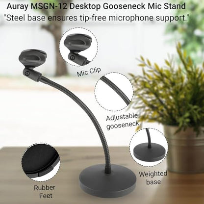 Desktop Gooseneck Microphone Stand with 12″ Flexible Arm, Heavy Die‑Cast Weighted Base, Mic Clip & 3/8″–5/8″ Adapter – Ideal for Podcasting, Streaming & Broadcast - size: 12 inch
