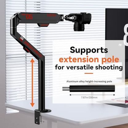 JINRAIKO Overhead Camera Mount with 360° Adjustable Arm & Phone Holder for TikTok Live Streaming Photography Studio Content Creation, Desk Mount for for DSLR Camera/Webcam/Microphone, Black - color: Black
