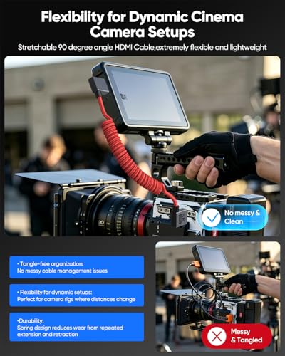 8K Short Coiled HDMI Cable, Right Angle 90 Degree HDMI 2.1 Camera Cable, 48Gbps 4K@240fps 8K@60fps HDR eARC VRR for for Sony FX30/A7S III, Canon C70, BMPCC 4K/6K, Atomos Ninja V SmallHD Monitor