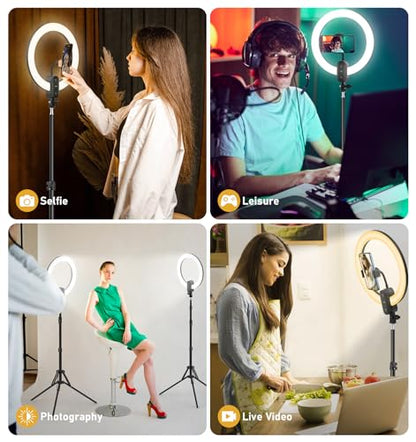 12 inch Ring Light with Stand 2800mAh Rechargeable, LED Circle Selfie Cordless Ringlight with 63" Tripod/Phone Holder/Remote for Makeup Live/Video Recording/Tiktok/YouTube/Podcasting/Vlogging