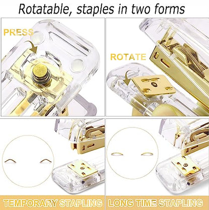Famassi Gold Desk Accessories，Office Supplies Set Acrylic Stapler Set Staple Remover, Tape/Pen Holder, 2 Ballpoint Pen, Scissor, Binder/Paper Clips and 1000pcs Staples. - color: Gold