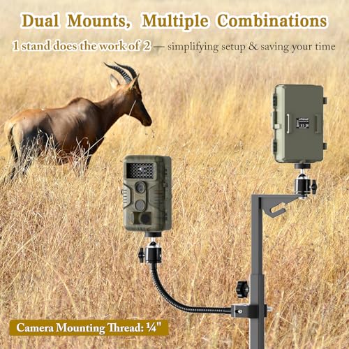 SDSNTE Trail Camera Stand Dual Mount, 17-47" Adjustable Height Hunting Accessories Holder, 360 Rotate 1/4" Thread Mount for Game Cam & Solar Panel, Robust Iron Tripod for Outdoor Hunting, No Tree