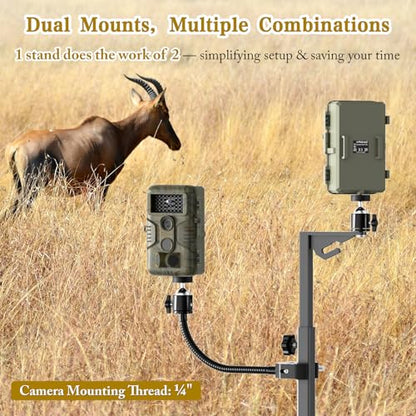 SDSNTE Trail Camera Stand Dual Mount, 17-47" Adjustable Height Hunting Accessories Holder, 360 Rotate 1/4" Thread Mount for Game Cam & Solar Panel, Robust Iron Tripod for Outdoor Hunting, No Tree