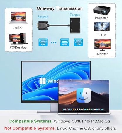 AKWOR VGA to HDMI+VGA Adapter for Dual Monitors, VGA to HDMI Adapter Splitter 2 in 1,1080P@60HZ Full HD Display Video Converter for PC Laptop Link Monitor/HDTV/Projector (for Windows & MaC os) - style: VGA to HDMI+VGA