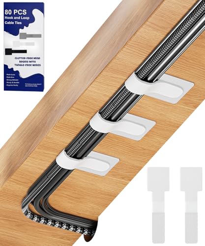 80PCS Hook and Loop Cable Ties, Under Desk Cable Management, Adhesive Cable Straps, Cord Management Hider Idea, Cord Organizer for Desk, Computer Accessories, Home Office Organization, White - color: 80Pcs White