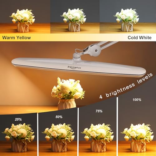Task Lamp with Clamp, 23 Inch Lamp Head, Bright 182PCS LEDs,3 Color Temperatures, 4 Brightness Levels, Metal Swing Arm 20W 2200 Lumen Dimmable Led Desk Lamp (White, CCT) - color: White, CCT