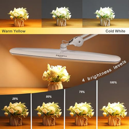 Task Lamp with Clamp, 23 Inch Lamp Head, Bright 182PCS LEDs,3 Color Temperatures, 4 Brightness Levels, Metal Swing Arm 20W 2200 Lumen Dimmable Led Desk Lamp (White, CCT) - color: White, CCT