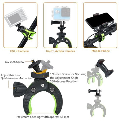UTEBIT Super Clamp Camera Mount Kit for Gopro, 360° Rotation 1/4 Screw Head Cell Phone Tripod Mount, Adapter Mount Compatible with Action Cam DSLR Bike Motorcycle Handlebar Accessories Black/Green - color: Black + Green