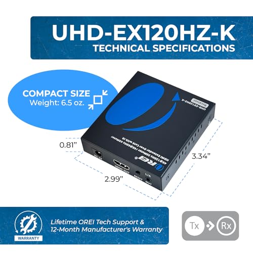 OREI 4K @ 120hz HDMI Over Ethernet Extender Balun - UltraHD 4:4:4 Over Single CAT6/7 Cable with HDR, & IR Control, RS-232 - Up to 100 Ft with CAT6/7 Audio L/R Out (UHD-EX120HZ-K)