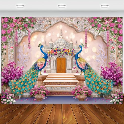 India Peacock Backdrop, Boho Pink Floral Palace Decorations, India Wedding India Ceremony Party Decoration Bridal Shower Photography Decoration Wall Decor Fabric Photography Background 7X5FT - color: Pink, size: 7 X 5 Ft
