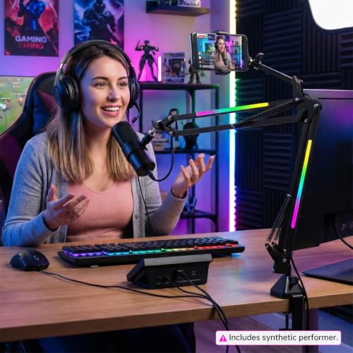 2 in 1 Microphone Arm Stand with Phone Holder, RGB Button Suspension Scissor Mic Boom Arm for Gaming/YouTube/Music Recording, 3/8" Desk Mount Clamp Metal Adjustable Mic Stand for Streaming Podcasting