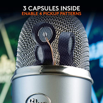 Logitech Creators Blue Yeti USB Microphone for PC, Mac, Gaming, Recording, Streaming, Podcasting, Studio and Computer Condenser Mic with Blue VO!CE Effects, 4 Pickup Patterns, Plug and Play - Silver | Tri-Capsule Condenser USB Mic, 4 Pickup Patterns, Bidi
