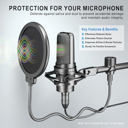LINCO Professional Microphone Pop Filter Shield For Blue Yeti and Any Other Microphone, Dual Layered Wind Pop Screen With A Flexible 360 Degree Gooseneck Crab Clamp Stabilizing Arm (PF1502)