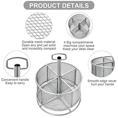 Marbrasse Mesh Desk Organizer, 360-Degree Rotating Multi-Functional Pen Holder, 4 Compartments Desktop Stationary Organizer, Home Office Art Supply Storage Box Caddy (silver) - color: Silver
